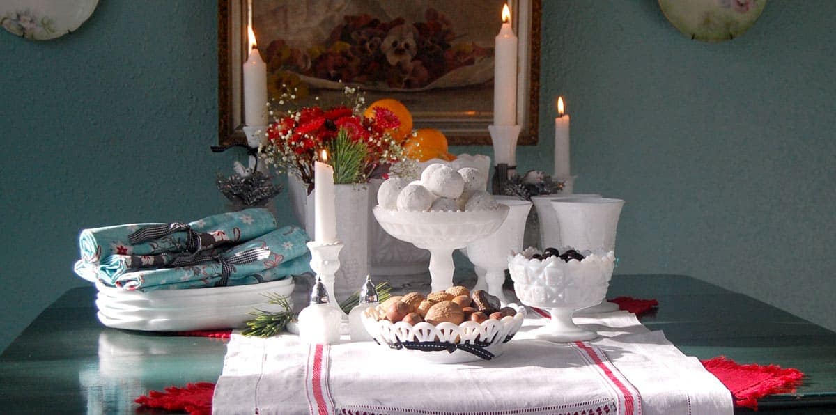 Christmas brunch table with milk glass pieces