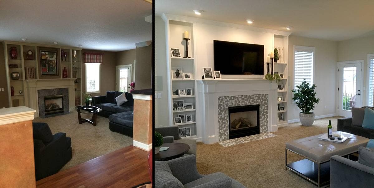 Before and after images showing how to tastefully decorate with family photos