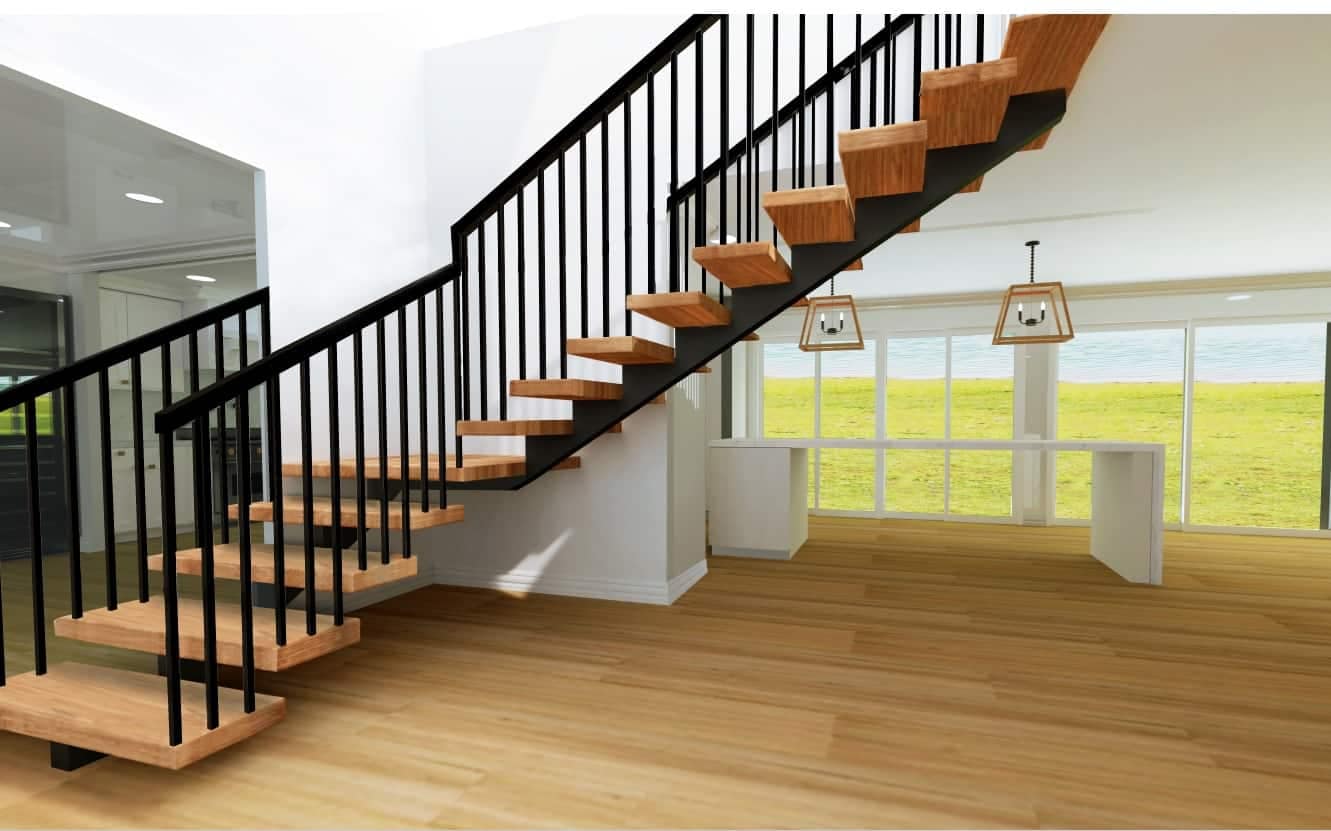 A lake house entry way rendering that features an open staircase and sweeping views of the lake.