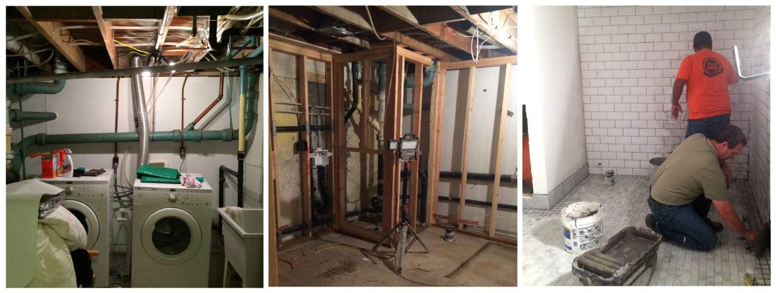 Three stages of a basement remodel project