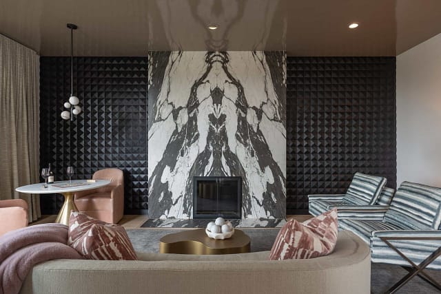 Modern interior design with bookmatched marble in Portland OR